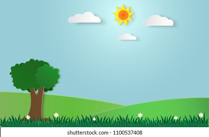 Illustration of meadow with flowers and cloud, sun, tree, blue sky, paperart