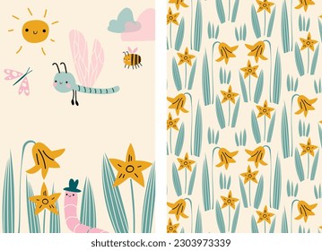 Illustration with meadow grasses and insects: dragonfly, butterfly, bee. Pattern with daffodils. 