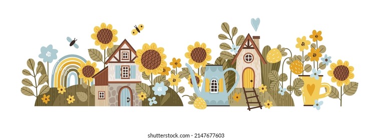 Illustration of a meadow and rural houses, sunflowers, berries and garden flowers in doodle style. Horizontal composition in cartoon style for nursery decoration, banners, decor, etc.