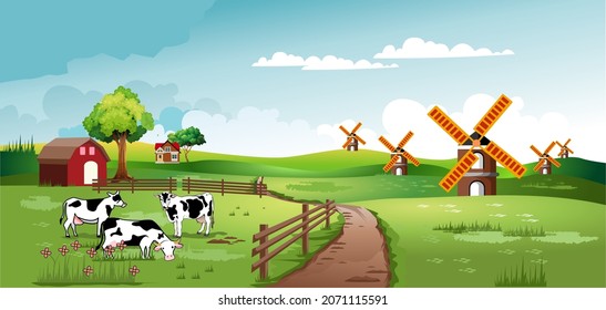 illustration of meadows and cows, good for children's books, web, children's magazines etc.