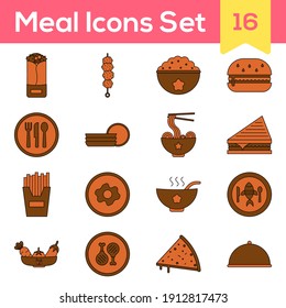 Illustration Of Meal Icon Set In Brown And Orange Color.
