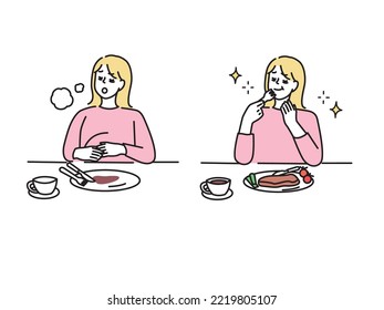 Illustration of the meal.Hunger, fullness, after eating, diet, binge eating.