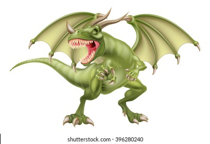 An illustration of a mean looking fantasy fairy tale green dragon