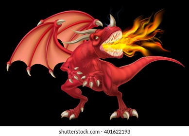 An illustration of a mean looking fantasy fairy tale red fire breathing dragon