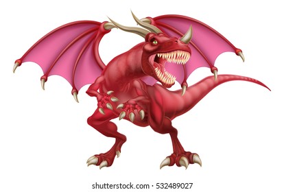 An illustration of a mean looking fantasy fairy tale red dragon