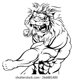 An illustration of a mean looking lion animal sports mascot punching