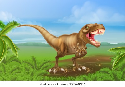 An illustration of a mean looking Tyrannosaurs Rex dinosaur in a prehistoric background