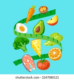 Illustration of measure tape with food. Healthy eating and diet meal. Fruits, vegetables and proteins for proper nutrition.