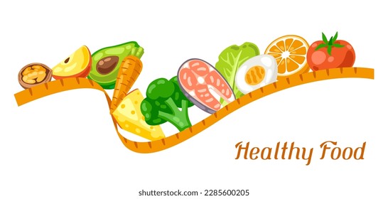 Illustration of measure tape with food. Healthy eating and diet meal. Fruits, vegetables and proteins for proper nutrition.