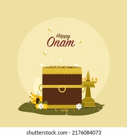 Illustration of a measuring cup filled with rice and other auspicious objects. Concept of prosperity of 'Onam' festival in Kerala