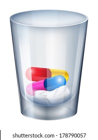 Illustration of a measuring glass with capsules and tablets on a white background