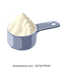 Ilustración de una cuchara medidora llena de suero de leche en polvo, aislado sobre un fondo blanco.