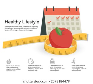 Illustration of measuring tape around fresh red apple and calender. Diet and healthy lifestyle, Vector illustration stock illustration