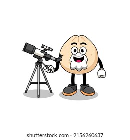 Illustration of meat bun mascot as an astronomer , character design