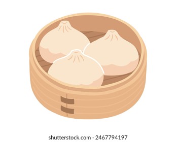 Illustration of meat buns in a steamer basket