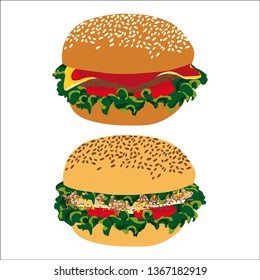 Illustration of a meat burger and a veggie burger.