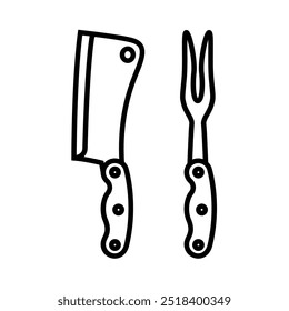 Ilustração de um cutelo de carne e garfo para grelhar. Elemento de design para emblema, sinal, cartaz, menu, cartão. Ilustração vetorial