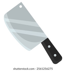 Illustration of a meat cleaver with a large, rectangular silver blade and a black handle with two silver rivets. The blade has a hole near the top corner for hanging.