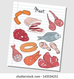 Illustration of meat colored doodles on lined paper