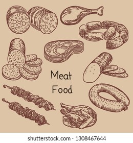 Illustration with meat food.Barbecue, sausages, bacon and chicken.