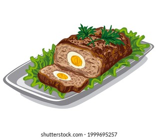 Illustration of the meat loaf with lettuce and stuffed eggs on the plate