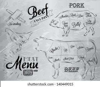 Illustration of meat for menu, steak, cow, pig, chicken divided into pieces in vintage style drawing with coal on grey  background.