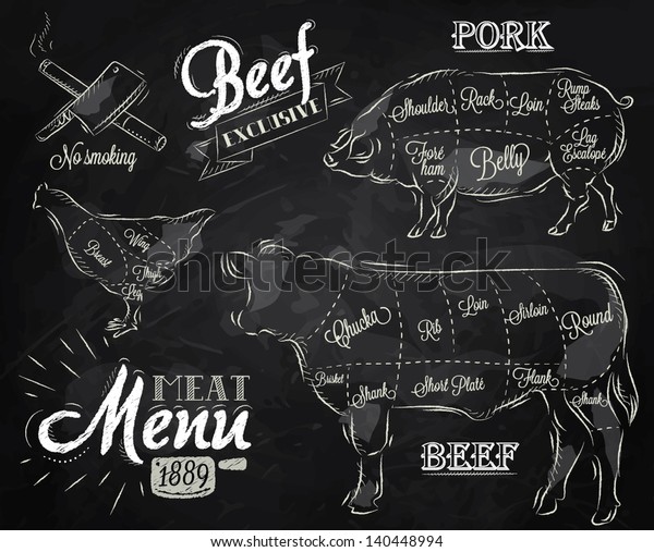 Illustration of meat for menu, steak, cow,\
pig, chicken divided into pieces in vintage style drawing with\
chalk on chalkboard\
background.