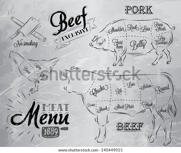 Illustration of meat for menu, steak, cow,\
pig, chicken divided into pieces in vintage style drawing with coal\
on grey \
background.