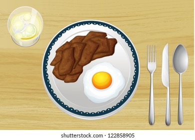 ilustración de una carne y una tortilla en un plato sobre un fondo de madera