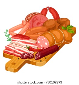 Illustration with meat products on wooden cutting board. Illustration of sausages, bacon and ham.