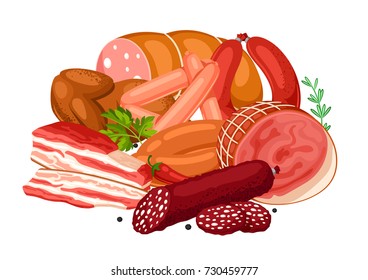 Illustration with meat products. Illustration of sausages, bacon and ham.