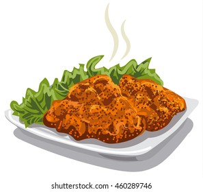 illustration of meat schnitzel with lettuce on plate