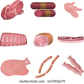 Illustration of meat set. Food, meat, sausages, chicken, bacon, ham.