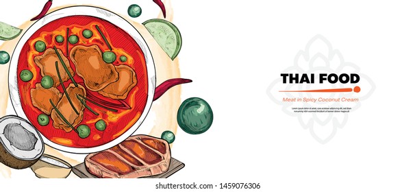 illustration of meat in spicy coconut cream or panaeng. thai food background. thai food menu template.