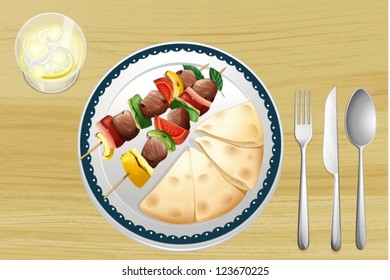 Ilustración de una ración de carne y un pan en un plato sobre un fondo de madera