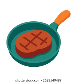 
Ilustração de bife de carne em frigideira verde sobre fundo branco