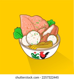 Illustration of meatball (bakso in Indonesia) with "ayam jago" bowl