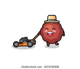 illustration of the meatball character using lawn mower , cute style design for t shirt, sticker, logo element