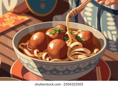 Ilustración de albóndigas con fideos en un tazón con color de tono cálido