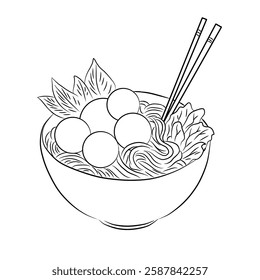 Illustration of meatball noodles isolated on a white background, cartoon vector. Line art.