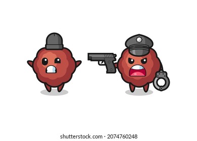 illustration of meatball robber with hands up pose caught by police , cute style design for t shirt, sticker, logo element