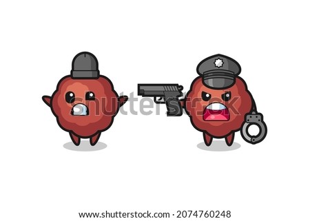 illustration of meatball robber with hands up pose caught by police , cute style design for t shirt, sticker, logo element