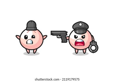ilustración de un ladrón de meatbun con las manos arriba pose pillada por la policía, diseño de estilo lindo para camiseta, pegatina, elemento logo