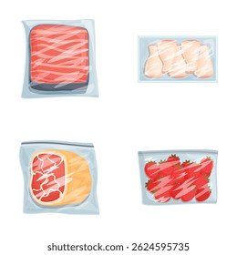 Illustration of meats and strawberries in plastic packaging, isolated on white