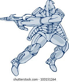 Illustration of a mecha robot warrior jumping firing gun side view on isolated white background