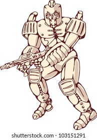 Illustration of a mecha robot warrior jumping firing gun side view on isolated white background