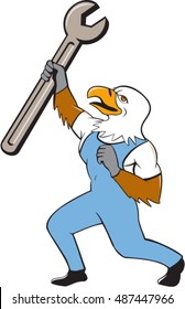 Illustration of a mechanic american bald eagle holding spanner standing with one leg bent looking to the side set on isolated white background done in cartoon style. 