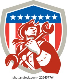 Illustration of a mechanic american patriot soldier holding spanner wrench looking to the side set inside shield crest with american stars and stripes in the background done in retro style.