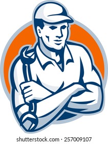 Illustration of a mechanic with arms crossed and holding a spanner wrench done in retro style.