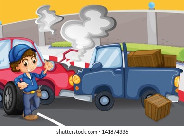 Illustration of a mechanic boy near the cars bumping